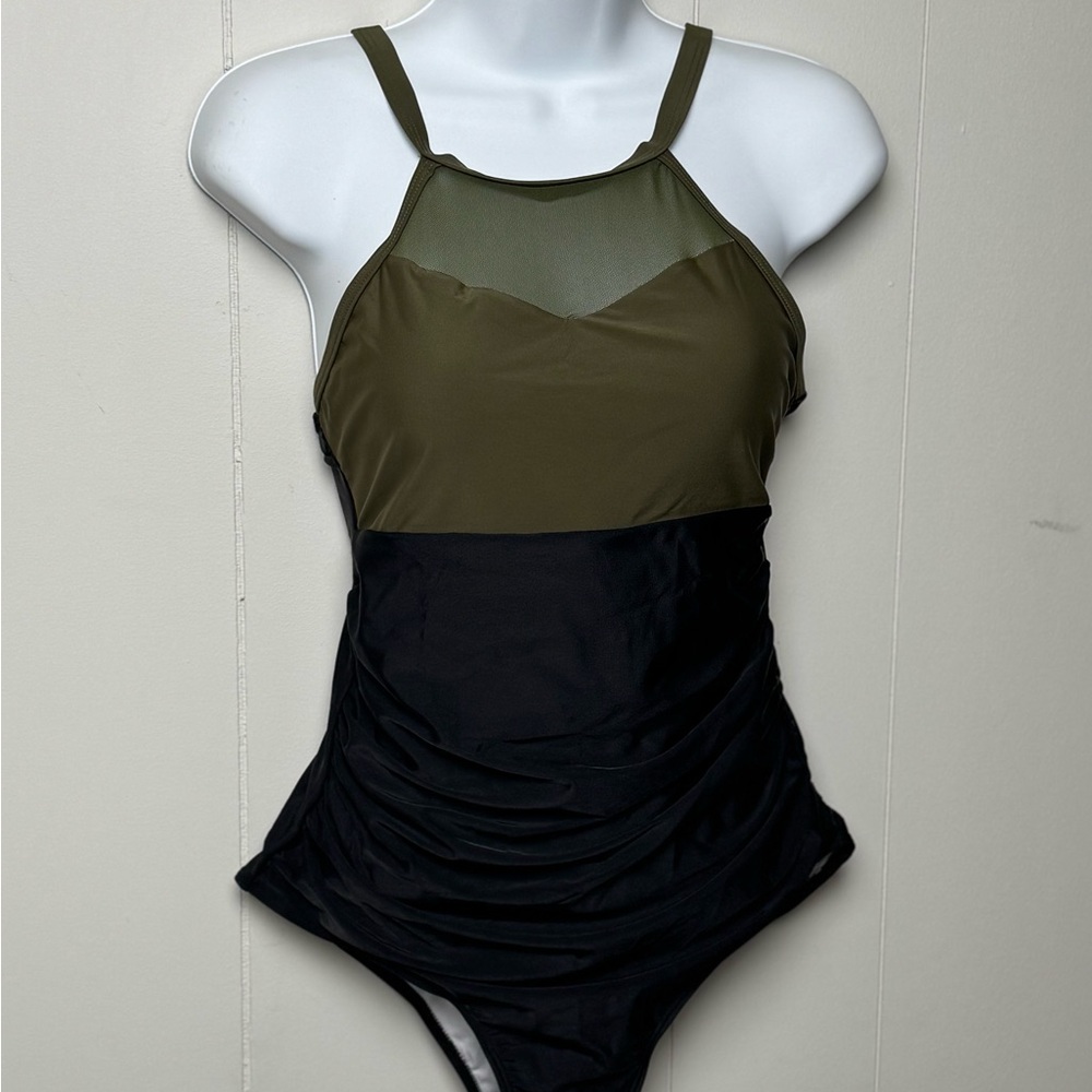 NWOT Olive and Black Women's Swimsuit Mesh Insert Black Adjustable Straps Size M